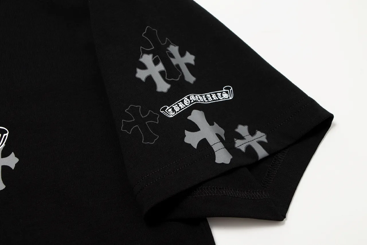 P170 Chrome Hearts Chrome Hearts Cross Metallic Denim Splicing Short Sleeves Size: SMLXL Color: White Black